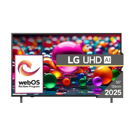 Телевизор LG 50UA75003LA, 50" 4K UltraHD TV 4K (3840x2160), DVB-T2/C/S2, webOS 25 Smart, ThinQ AI, Alpha 7 AI Processor, WiFi, HDR10 pro, HLG, ALLM/HGiG, 4K Upscaling, AI Sound pro, Multiple View, HDMI eARC, LAN, USB, Bluetooth, Google Cast, 2 Pole S