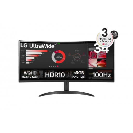 LG 34WR50QK-B, 34" UltraWide Curved, AG, VA, 5ms, 1ms MBR, 3000:1, 300 cd/m2, 21:9, WQHD 3440x1440, HDR 10, sRGB 99%, FreeSync, 100 Hz, HDMI, DisplayPort, Tilt, Reader Mode, PBP, Headphone Out, Black LG 34WR50QK-B, 34" UltraWide Curved, AG, VA, 5ms, 1ms MBR, 3000:1, 300 cd/m2, 21:9, WQHD 3440x1440, HDR 10, sRGB 99%, FreeSync, 100 Hz, HDMI, DisplayPort, Tilt, Reader Mode, PBP, Headphone Out, Black