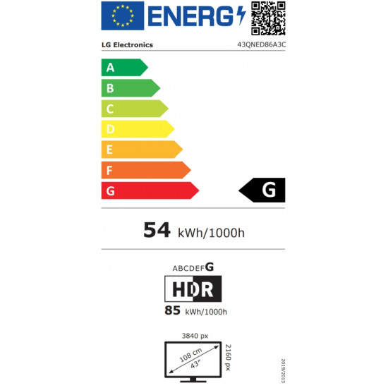 Телевизор LG 43QNED86A3C, 43" 4K QNED HDR Smart TV, 3840x2160, 60Hz Native (VRR 144Hz), DVB-T2/C/S2, Alpha 7 AI Processor, HDR 10 PRO, webOS 25 ThinQ, 4K Upscaling, WiFi 5, Dolby Vision, Bluetooth 5.1, AirPlay 2, LAN, CI, HDMI, SPDIF, Stand 