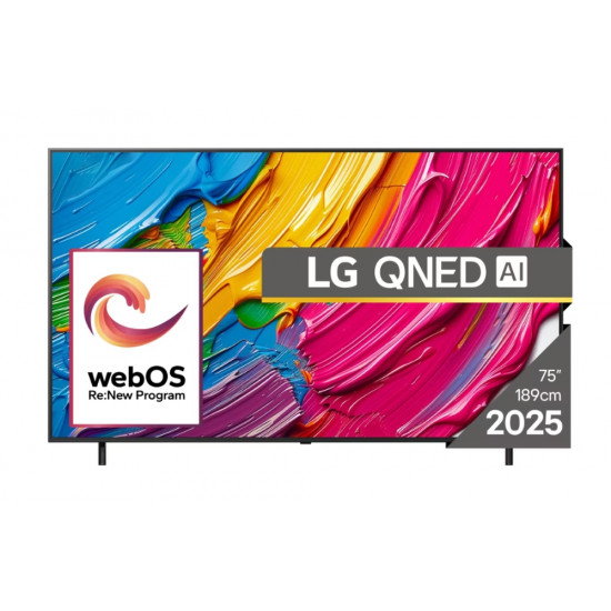 Телевизор LG 75QNED80A3A, 75" 4K QNED HDR Smart TV, 3840x2160, DVB-T2/C/S2, Alpha 7 AI Processor, HDR10 / HLG, webOS 25 ThinQ, VRR / ALLM / HGiG, 4K Upscaling, WiFi 5, Voice Controll, Bluetooth 5.1, AirPlay 2, LAN, CI, HDMI, SPDIF, Google Cast, 2 pol