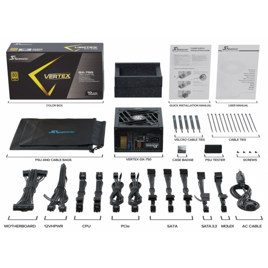 Захранващ блок SEASONIC VERTEX GX-750 750W, 80+ Gold PCIe 5.0, Fully Modular